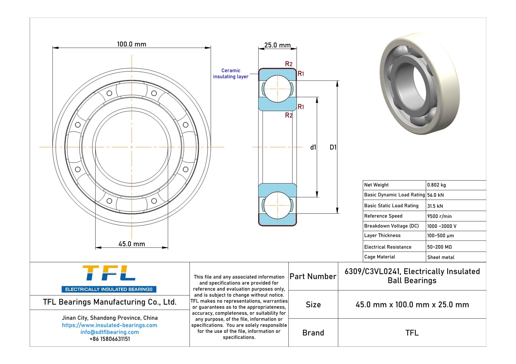 6309/C3VL0241 Electrically Insulated Ball Bearings Drawing.dwg