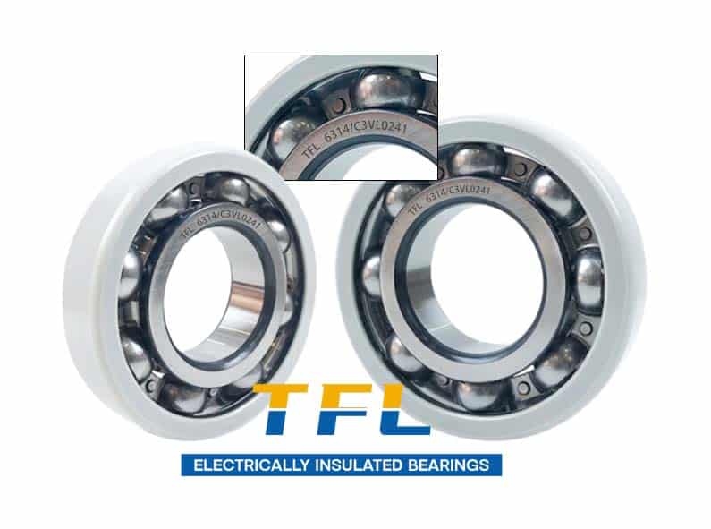 the image shows two 6314/C3VL0241 insulated ball bearings with outer ring ceramic coatiing.