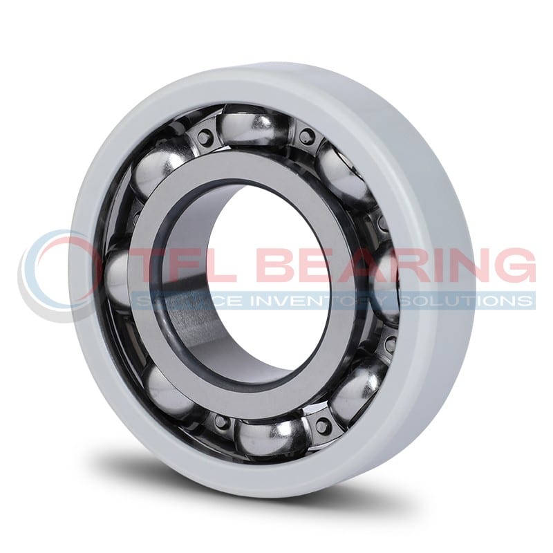 The picture shows an electrical insulated bearing 6220/C3VL0241. Its outer ring has an insulating coating and the cage is made of steel.