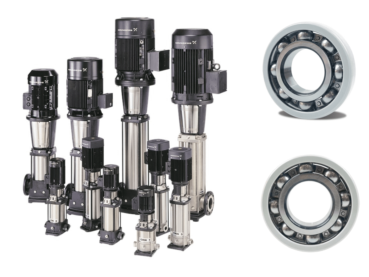 the image shows som Grundfos pumps and insulated ball bearings for pump