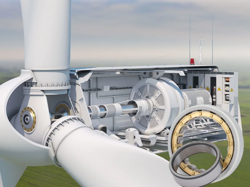 An image depicting a wind turbine nacelle or its internal components, with an emphasis on electrically insulated cylindrical roller bearings as a solution to prevent shaft current damage in wind power generators.