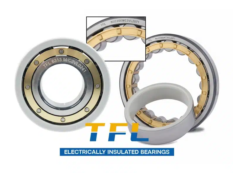 image shows TFL's 6313/C3VL0241 electrically insulated deep groove ball bearings and NU220 ECM/C3VL0271 electrically insulated cylindrical roller bearings.