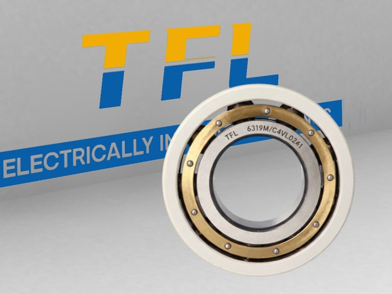 The picture shows an electrical insulated bearing 6319M/C4VL0241. Its outer ring has an insulating coating and the cage is made of brass.