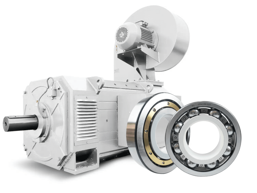 image shows two type insulated ball bearing and an industrial dc motor. One of the bearing is with machined brtass cage, another insulated bearing is with stamped steel cage.