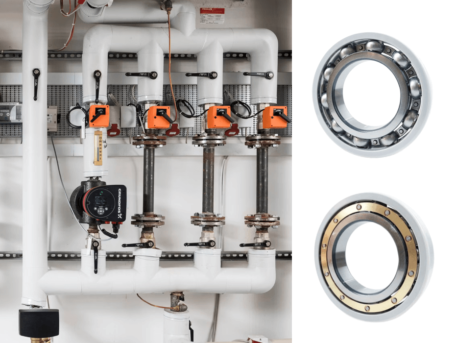 Left side image shows a part of heating system, include a circulation pump. Right side image shows two insulated ball bearings.