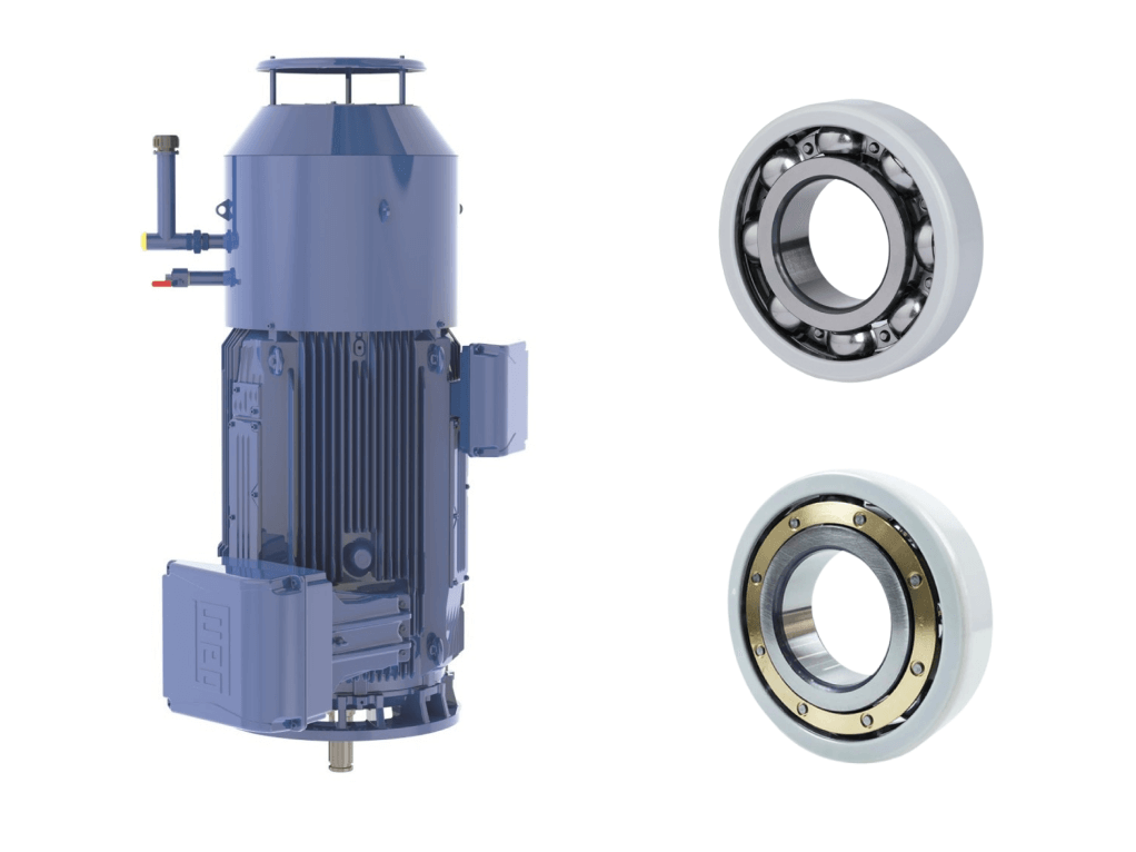 The image shows a vertical motor and two insulated ball bearings.