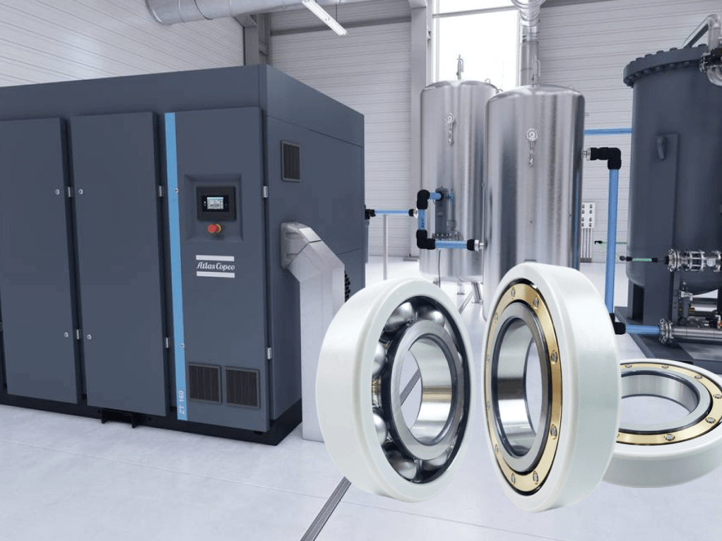 The image shows three outer ring coated insulated ball bearing and an air compresssor system.