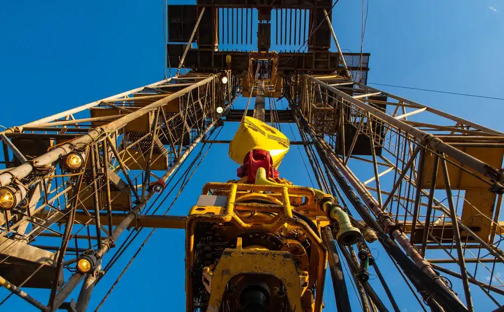 Top drive system from an upward-looking angle