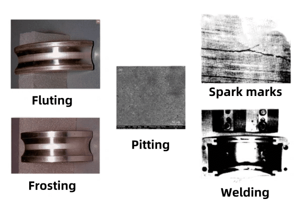 Macro view of a bearing raceway displaying washboard-like fluting marks and small craters caused by electrical discharge arcing.