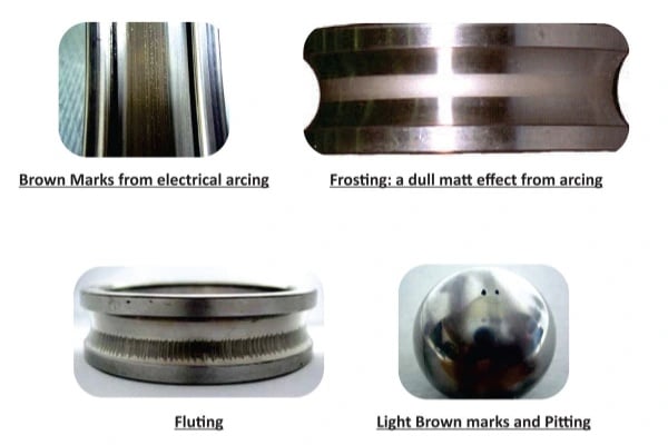 The picture shows the damage caused by shaft current in modern motors to the bearings.