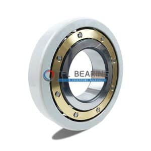 The picture shows an electrical insulated bearing. Its outer ring has an insulating coating and the cage is made of brass.