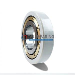 The picture shows an electrical insulated bearing. Its outer ring has an insulating coating and the cage is made of brass.