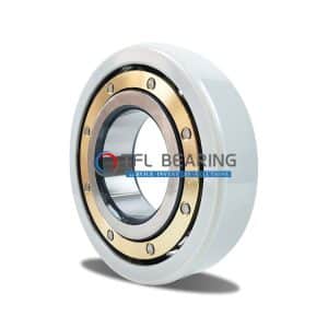 The picture shows an electrical insulated bearing. Its outer ring has an insulating coating and the cage is made of brass.