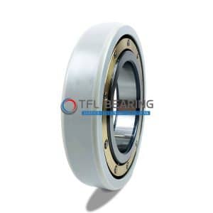 The picture shows an electrical insulated bearing. Its outer ring has an insulating coating and the cage is made of brass.