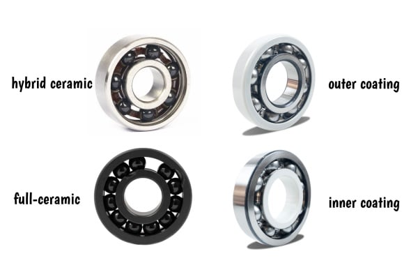 A visual comparison displaying a full ceramic bearing, a hybrid ceramic ball bearing, and an electrically insulated bearing against a clean background.