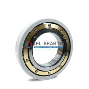 The picture shows an electrical insulated bearing. Its outer ring has an insulating coating and the cage is made of brass.