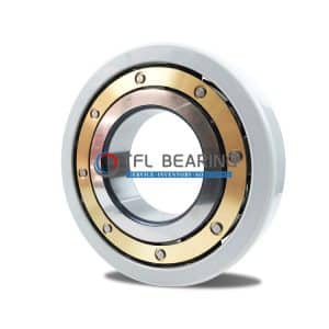 The picture shows an electrical insulated bearing. Its outer ring has an insulating coating and the cage is made of brass.