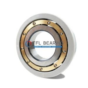 The picture shows an electrical insulated bearing. Its outer ring has an insulating coating and the cage is made of brass.