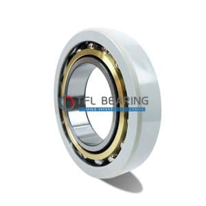 The picture shows an electrical insulated bearing. Its outer ring has an insulating coating and the cage is made of brass.