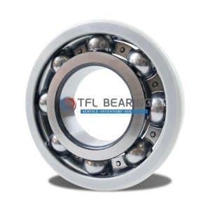 The picture shows an electrical insulated bearing. Its outer ring has an insulating coating and the cage is made of steel.