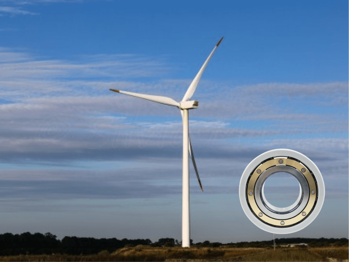 the image shows a wind turbine and an insulated bal;l bearing with brass cage