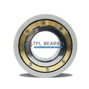 The picture shows an electrical insulated bearing. Its outer ring has an insulating coating and the cage is made of brass.