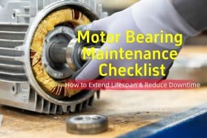 An industrial maintenance technician performing a detailed inspection and maintenance routine on a large electric motor bearing.