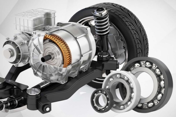 electrically insulated bearing inside an electric vehicle traction motor, highlighting the ceramic coating layer.