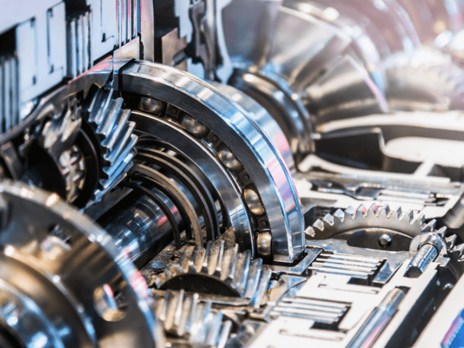 the picture shows the detail of industrial gearbox and bearing on shaft.