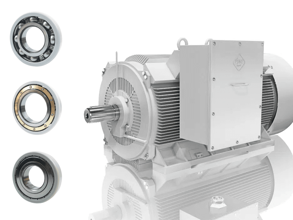 image shows a medium voltage motor and three insulated ball bearings for motor