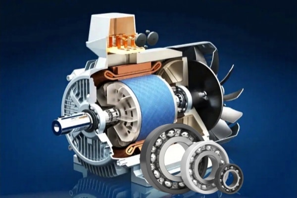 A cutaway view of an industrial VFD motor highlighting the installation of an electrically insulated bearing to block shaft currents.
