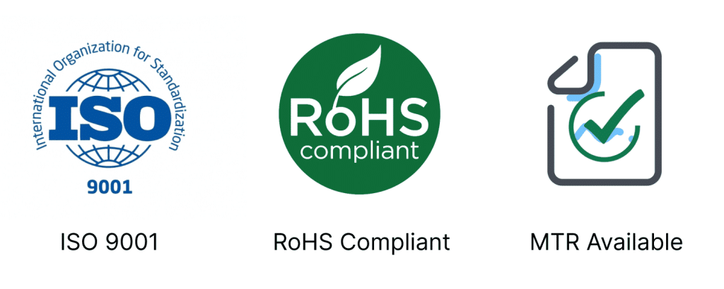 TFL Bearings quality assurance indicators showing ISO 9001 certification, RoHS compliance, and Material Test Report (MTR) availability for electrically insulated bearings.