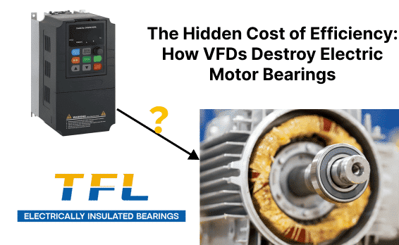 VFD drive connected to an AC motor with TFL insulated bearing logo. Text: The Hidden Cost of Efficiency: How VFDs Destroy Electric Motor Bearings.