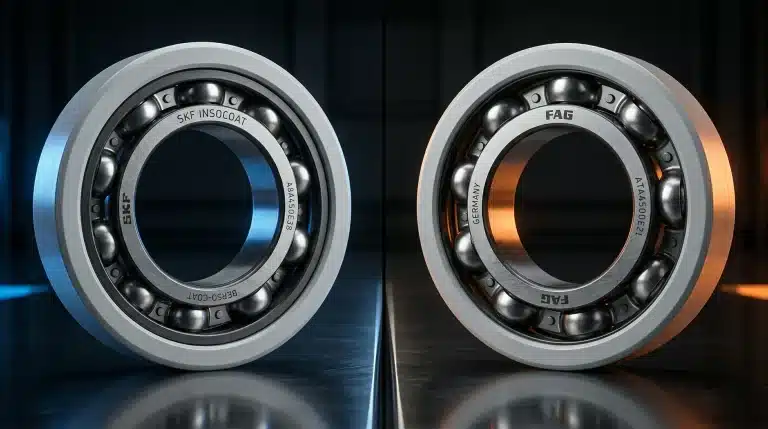 Side-by-side technical comparison of SKF INSOCOAT and FAG electrically insulated bearings showing ceramic coating details.