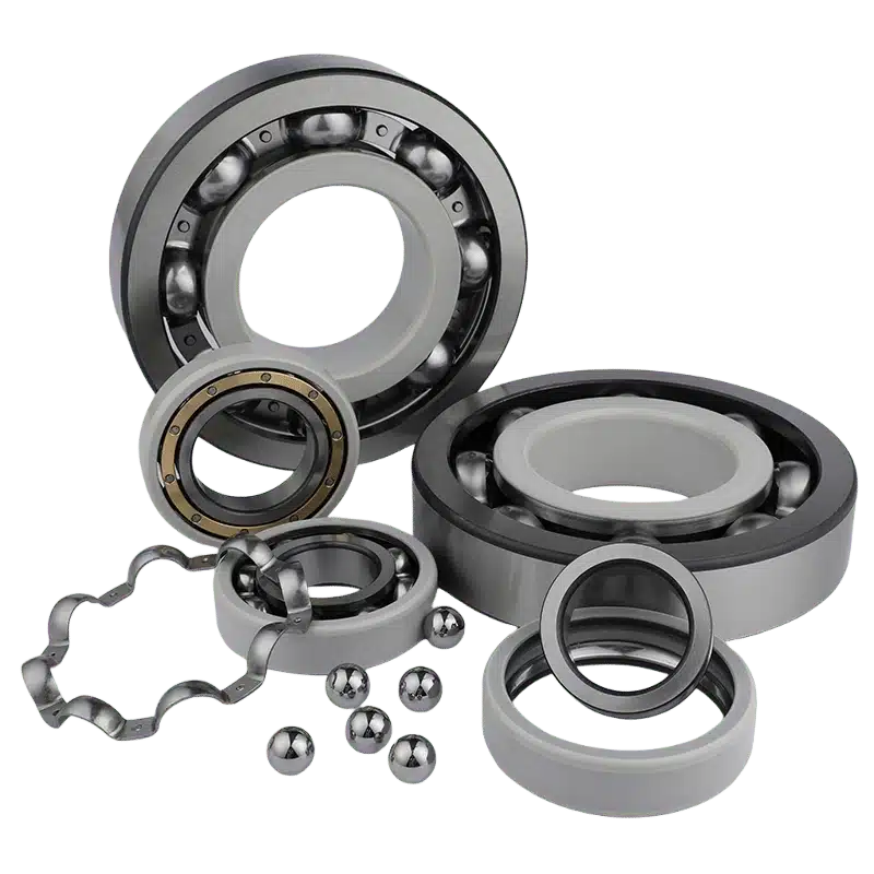 High-resolution images detailing the internal structure of insulated deep-groove ball bearings, showing internal components such as the inner and outer rings with their insulating coatings, the rolling balls and the cage, as used in electric motors.