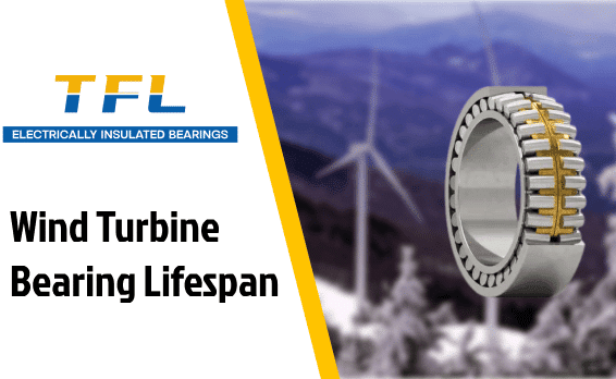 TFL brand feature image for Wind Turbine Bearing Lifespan guide, featuring a double-row bearing against a freezing snowy wind farm background.