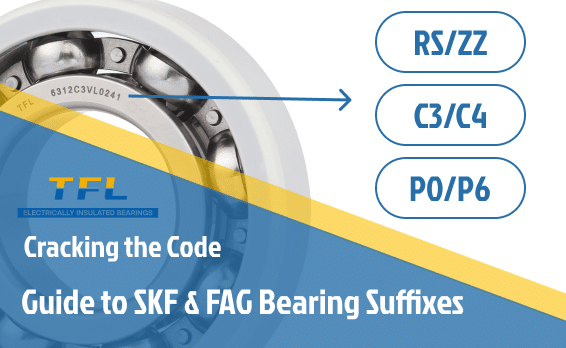 A comprehensive guide to decoding SKF and FAG bearing suffixes, featuring a TFL electrically insulated bearing and common suffix codes like RS, ZZ, and C3.