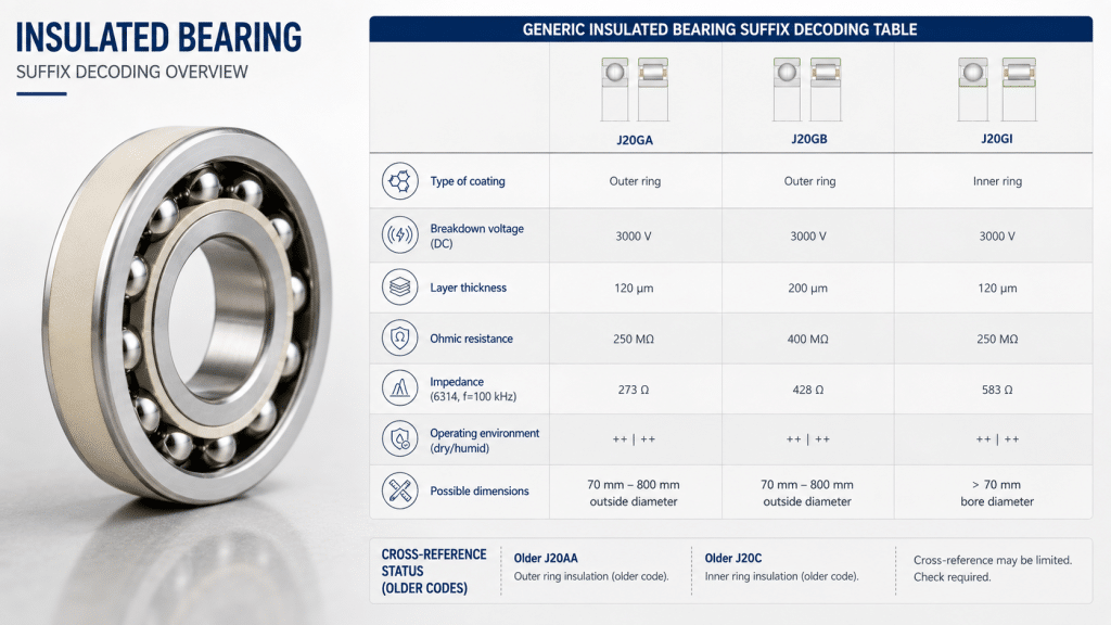 Schaeffler J20 insulated bearing suffix guide with outer-ring and inner-ring insulation fields