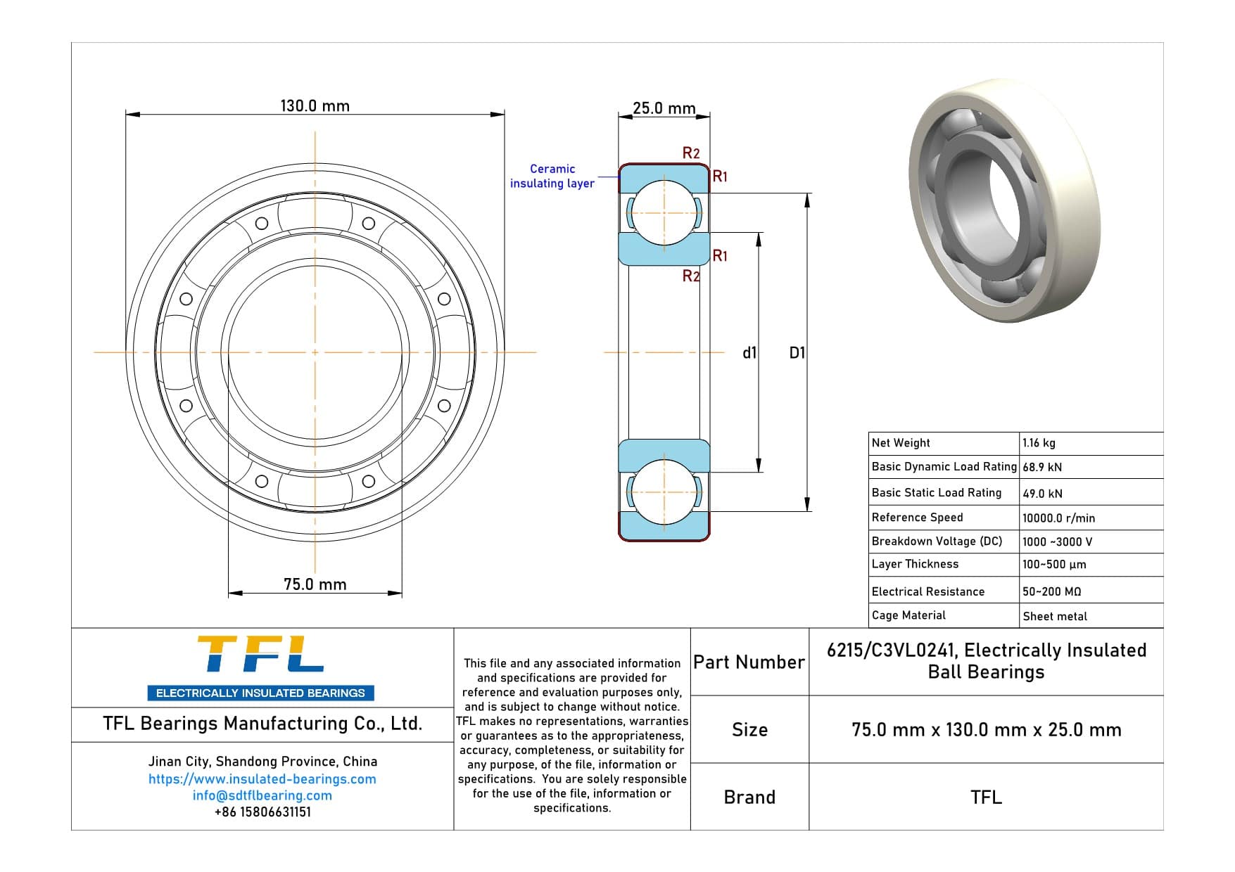 6215/C3VL0241 Electrically Insulated Ball Bearings Drawing.dwg