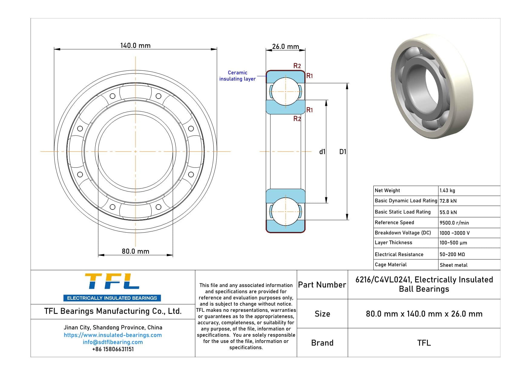 6216/C4VL0241 Electrically Insulated Ball Bearings Drawing.dwg