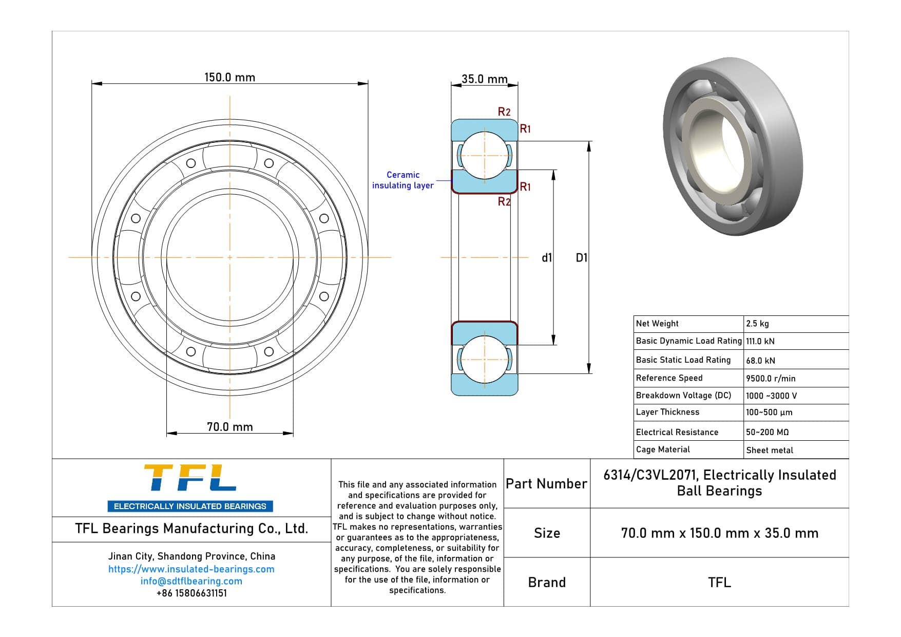 6314/C3VL2071 Electrically Insulated Ball Bearings Drawing.dwg